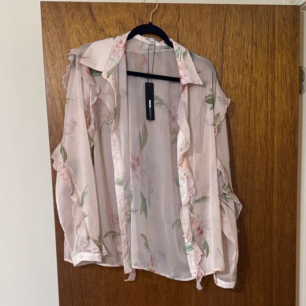 Fashion Nova Walking By Floral Ruffle Sheer Blouse
